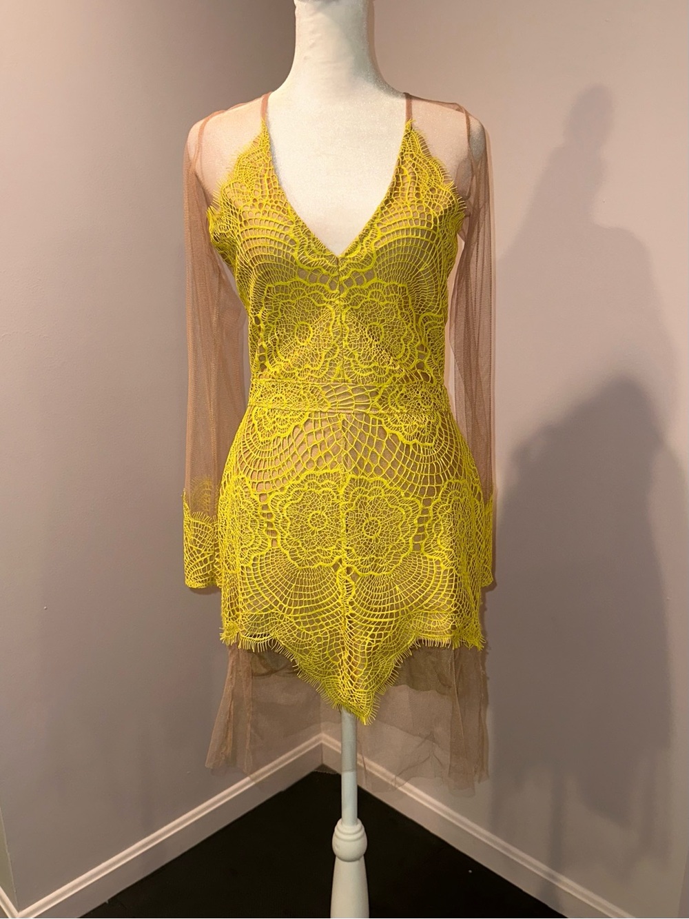 For Love & Lemons Yellow Lace Illusion Dress